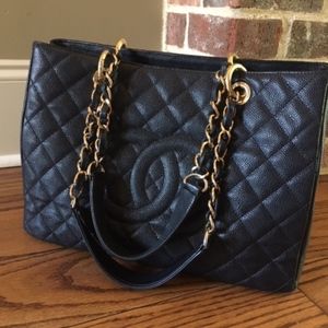 Chanel caviar leather black and gold tote
